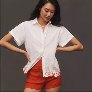 Anthropologie Maeve White Shirt with cherry accent
